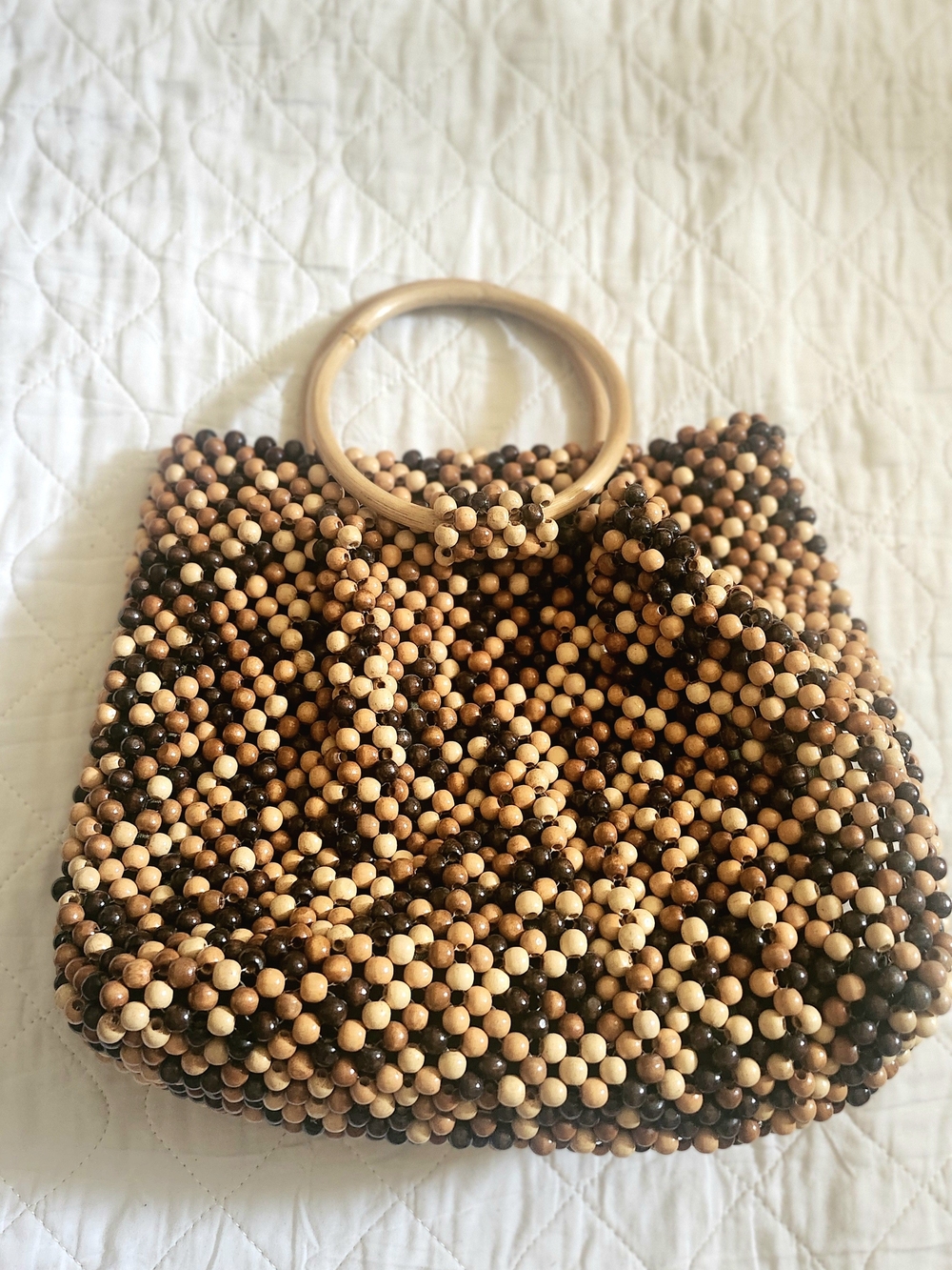 Vintage Hand-Beaded Wooden Bead Tote Bag in Brown Mix